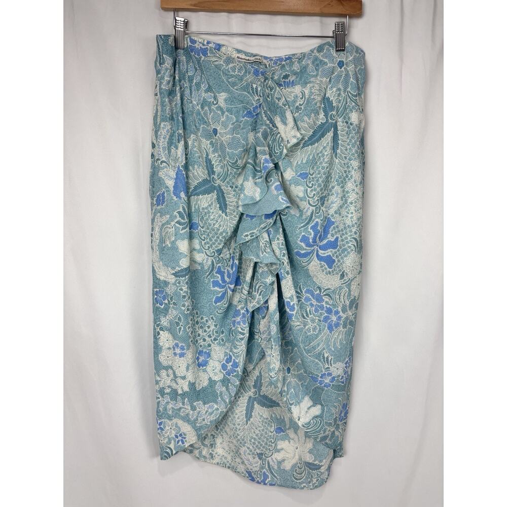Abercrombie Blue Floral Batik Midi Skirt Ruffle Hem Faux Wrap Boho Summer Size L
